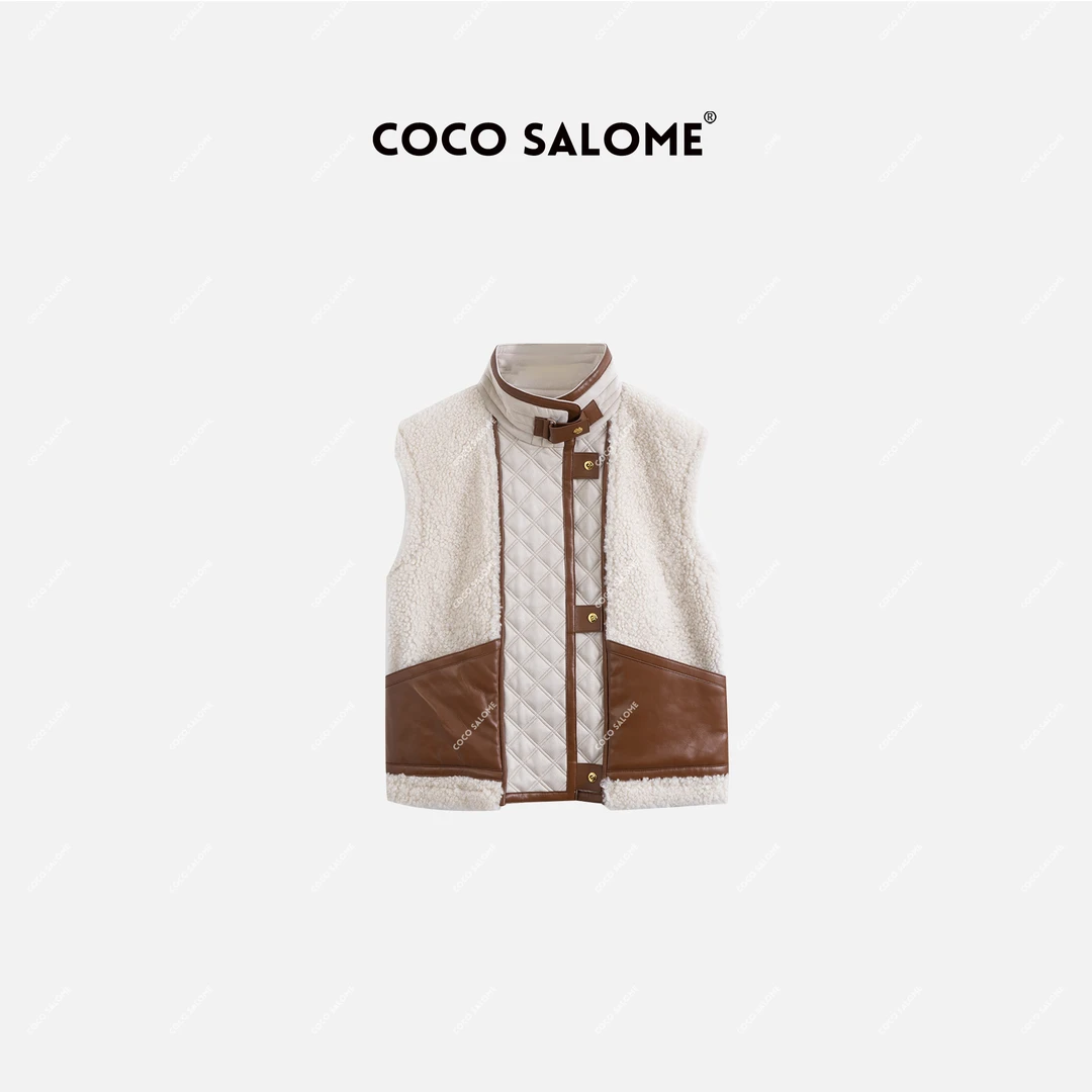 COCO SALOME⒁【LP拼接马甲】100羊毛革皮毛一体秋冬毛绒马甲3792