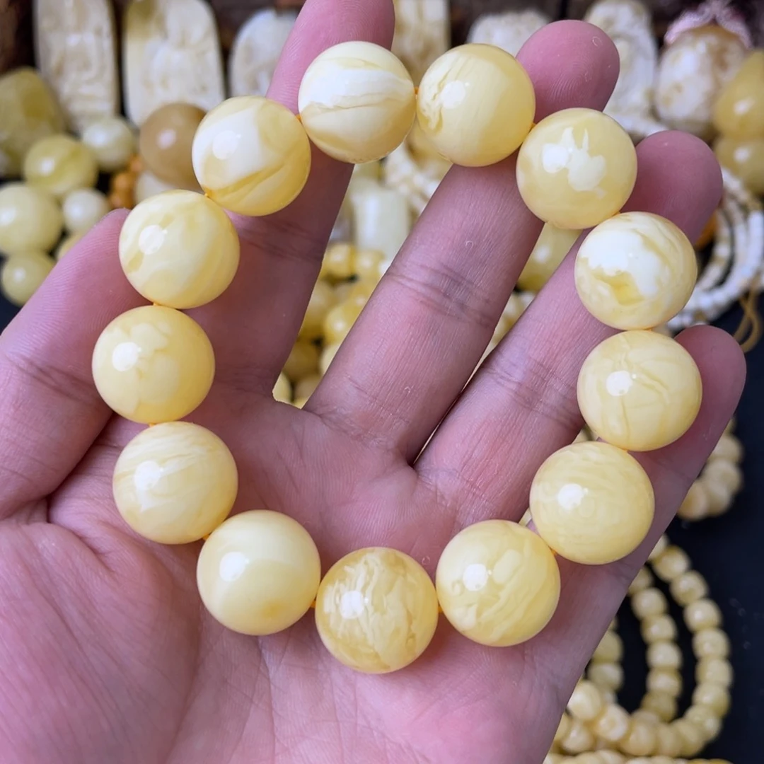 未镶嵌琥珀手串17+俄料妖白花蜡圆珠手串