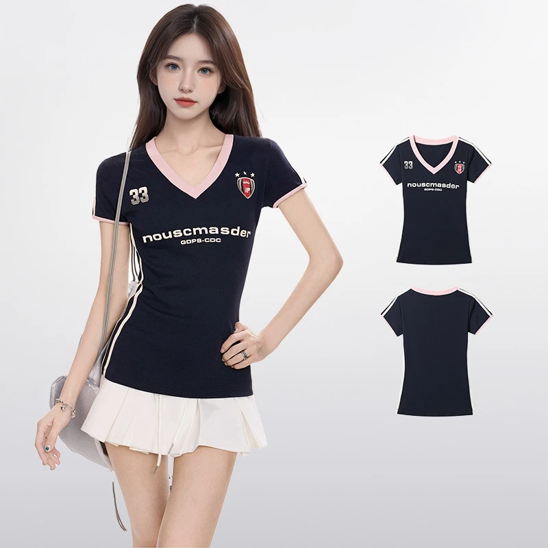 美式辣妹藏青色v领正肩短袖t恤女夏季修身紧身球衣设计感小众上衣