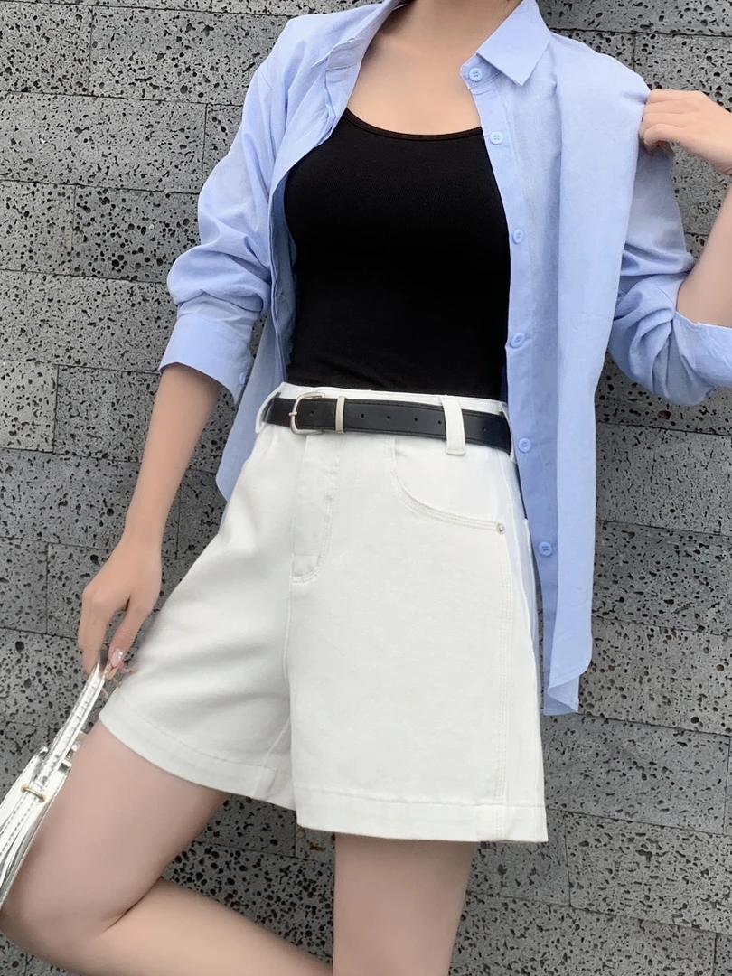 夏季白色牛仔裤中高腰女短裤直筒阔腿裤休闲百搭