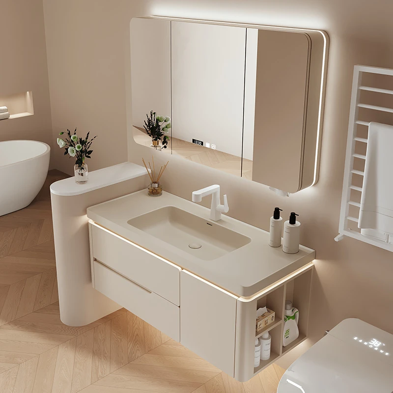 【A3全橡胶木烤漆-带侧边柜】奶油风一体盆浴室柜组合洗手盆卫浴柜