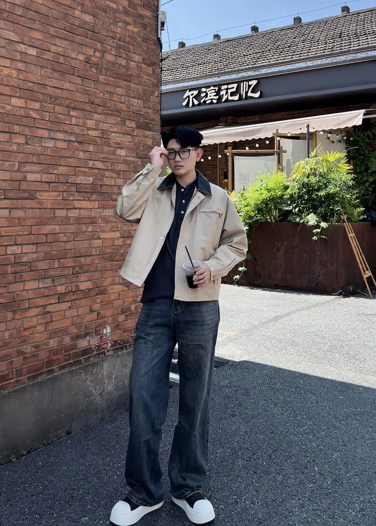 外套男秋季新款拼皮设计短宽卡哈特硬朗风工装帆布哈林顿夹克