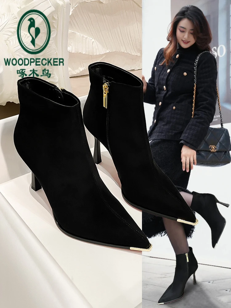 啄木鸟气质短靴女2025秋冬季新款加绒瘦瘦靴女神范尖头细跟高跟鞋