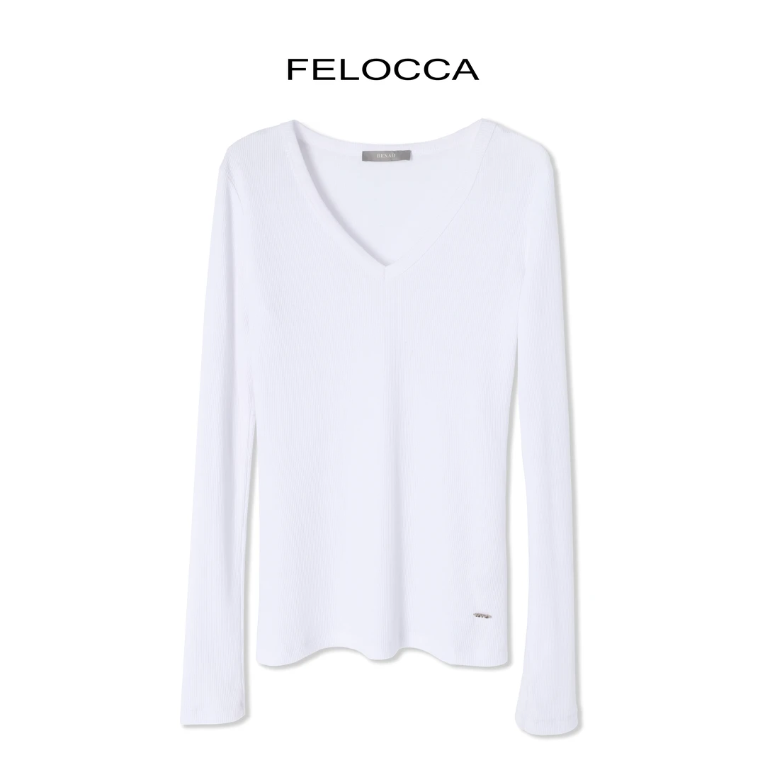【FELOCCA】棉质舒适V领螺纹长袖百搭T恤  CC2335