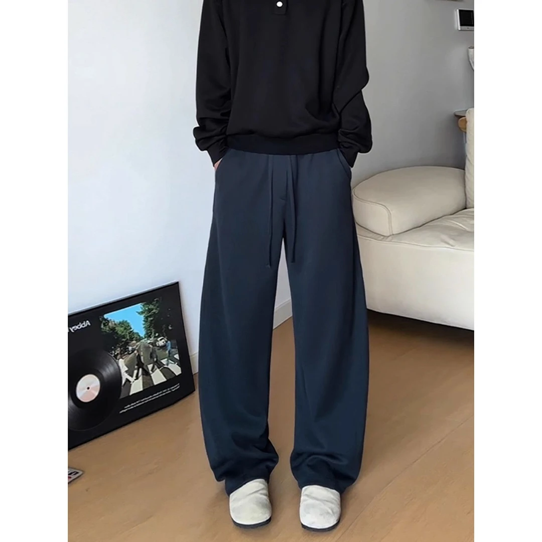 藏青色阔腿弯刀卫裤男款秋冬美式重磅运动休闲裤cleanfit镰刀裤子