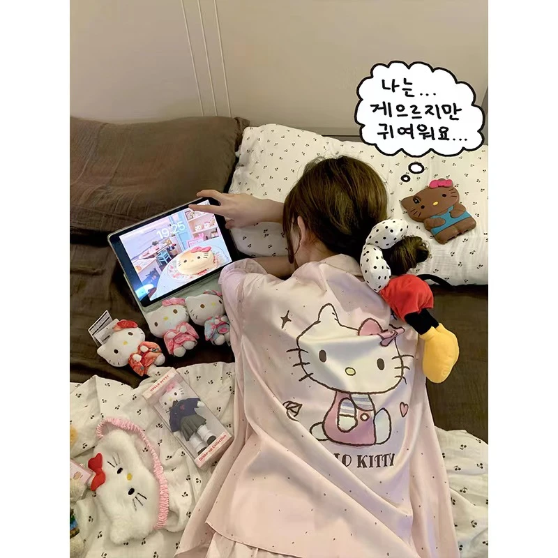 睡衣三件套女款短袖夏季柳叶丝丝凯蒂猫家居服套装外穿夏天