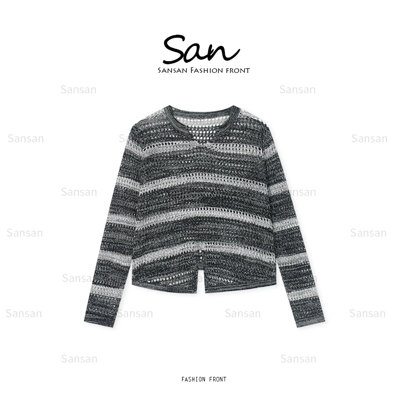 【SANSAN】镂空气质百搭条纹显瘦极简套头小衫DY-20096
