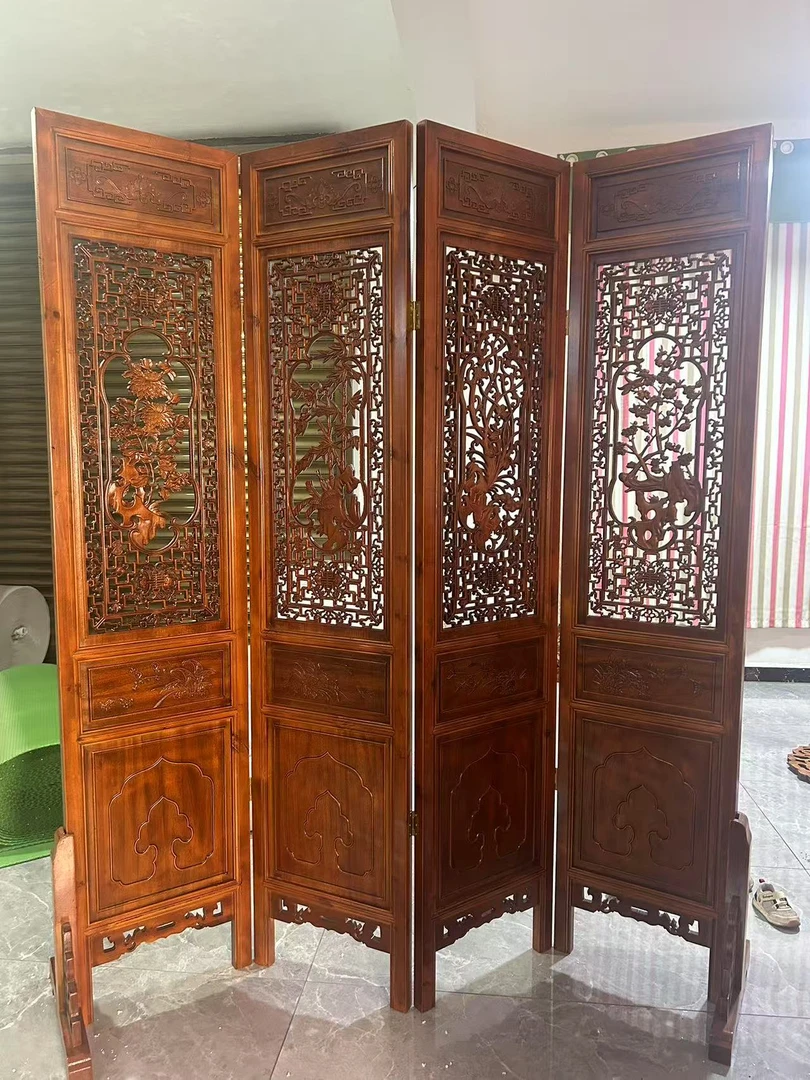 东阳木雕梅兰竹菊屏风，尺寸208×180