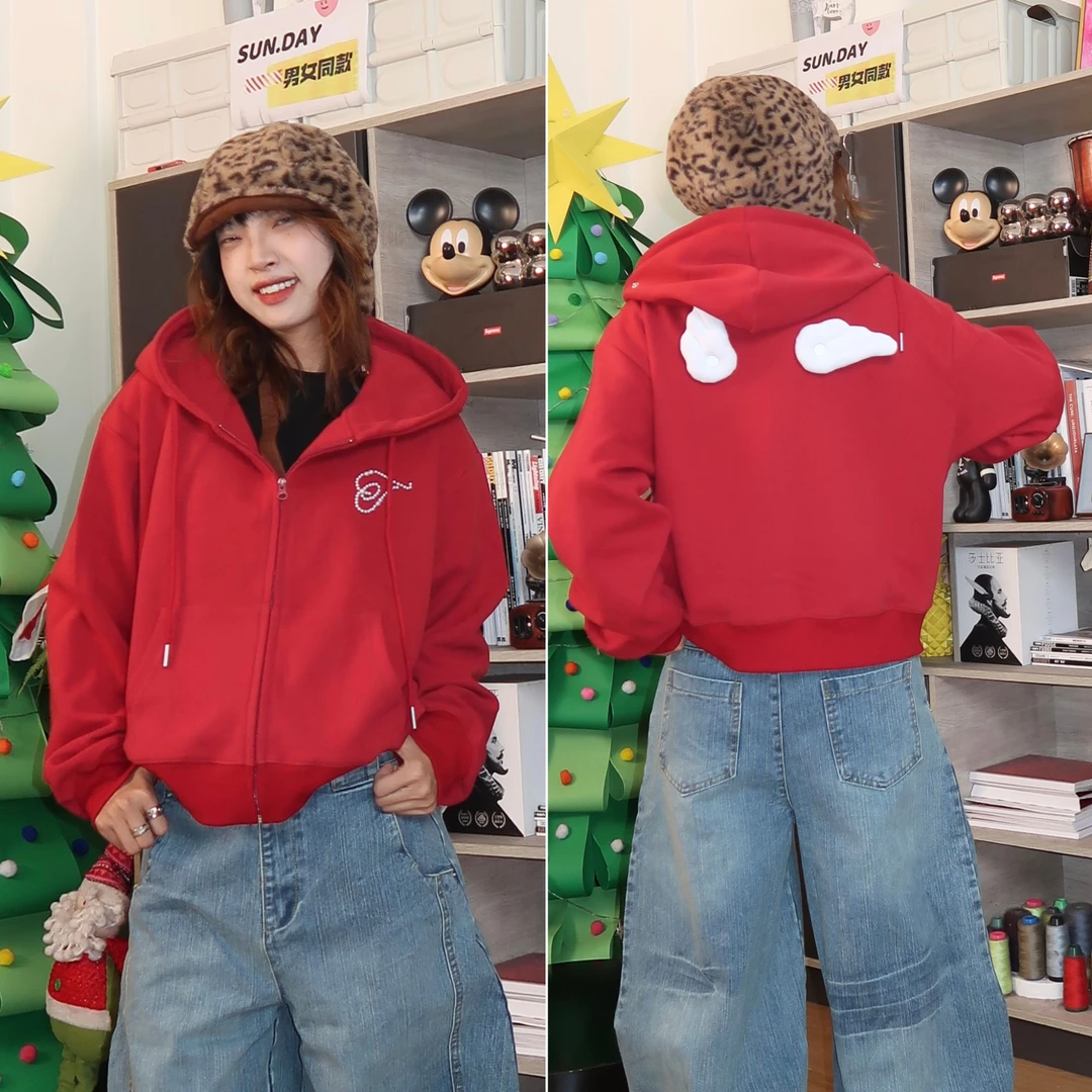 SUN.DAY春季美式天使翅膀连帽卫衣拉链外套宽松上衣时尚红色8808