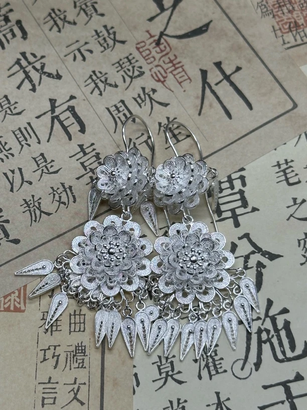 足银耳饰 花丝耳环 足银耳环
