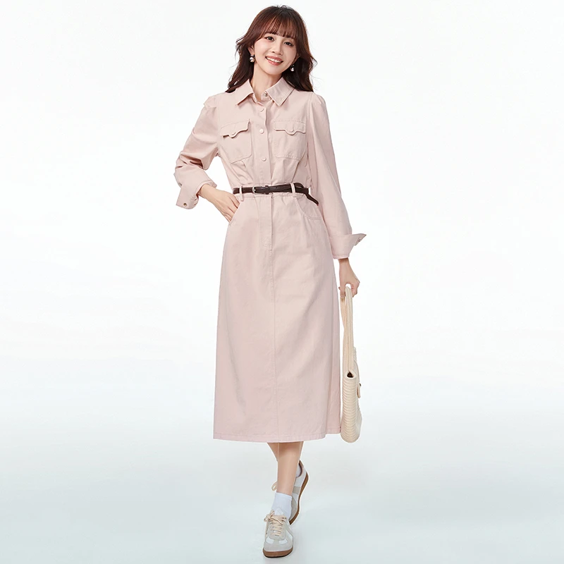 51BY0A0007衬肤显白长袖裙子系腰带连衣裙女2025春