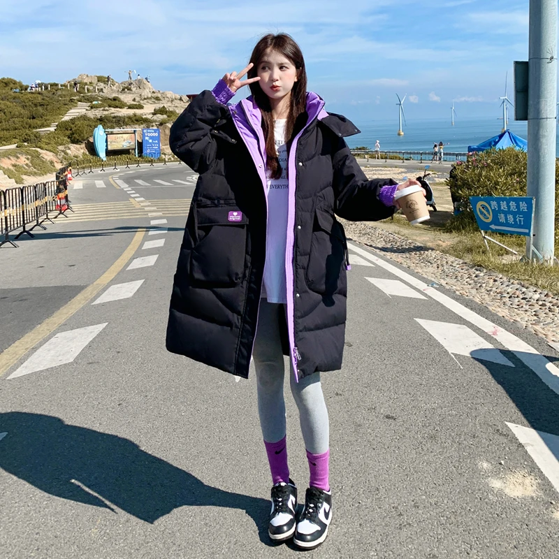 修身收腰撞色百搭冬季大码女士中长款显瘦羽绒服---DJ-6608