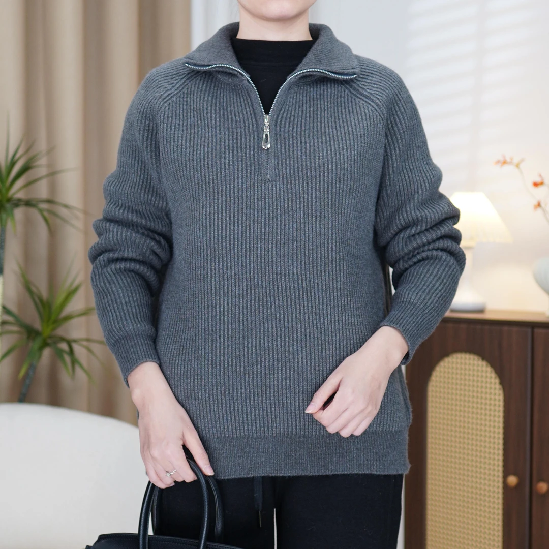 新款羊毛半拉链翻领时尚百搭宽松显瘦大码中年装纯色针织衫608