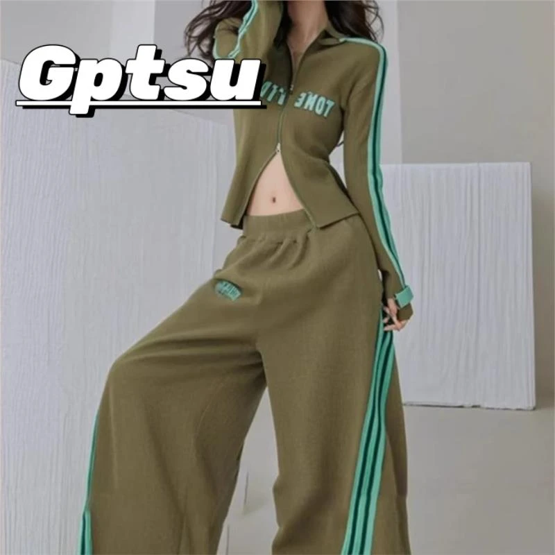 GPTSu春季新款2025又a又飒套装休闲运动风绿色上衣阔腿裤两件套女