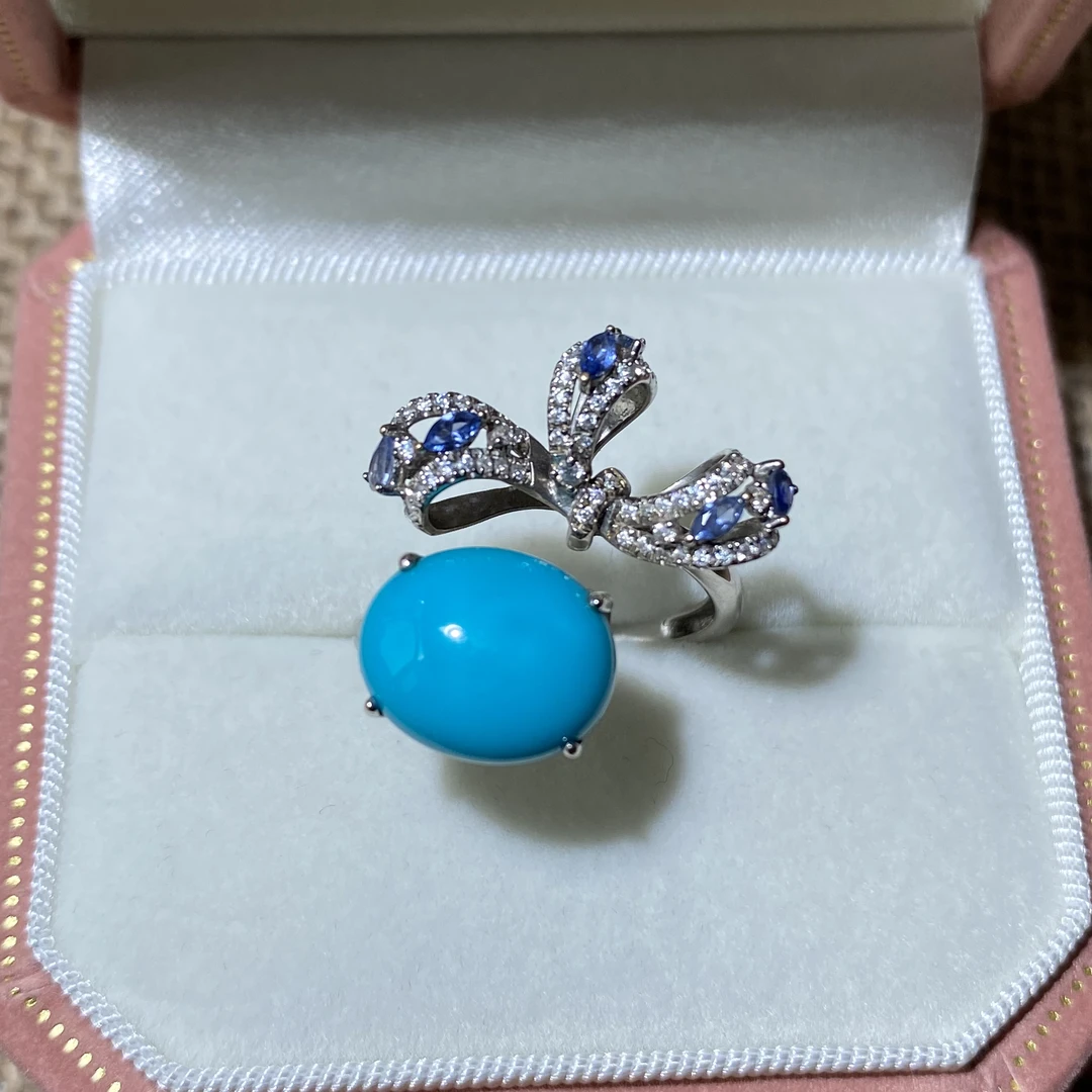 高瓷高蓝蛋面绿松石18k金镶嵌戒指气质优雅圈口可调节