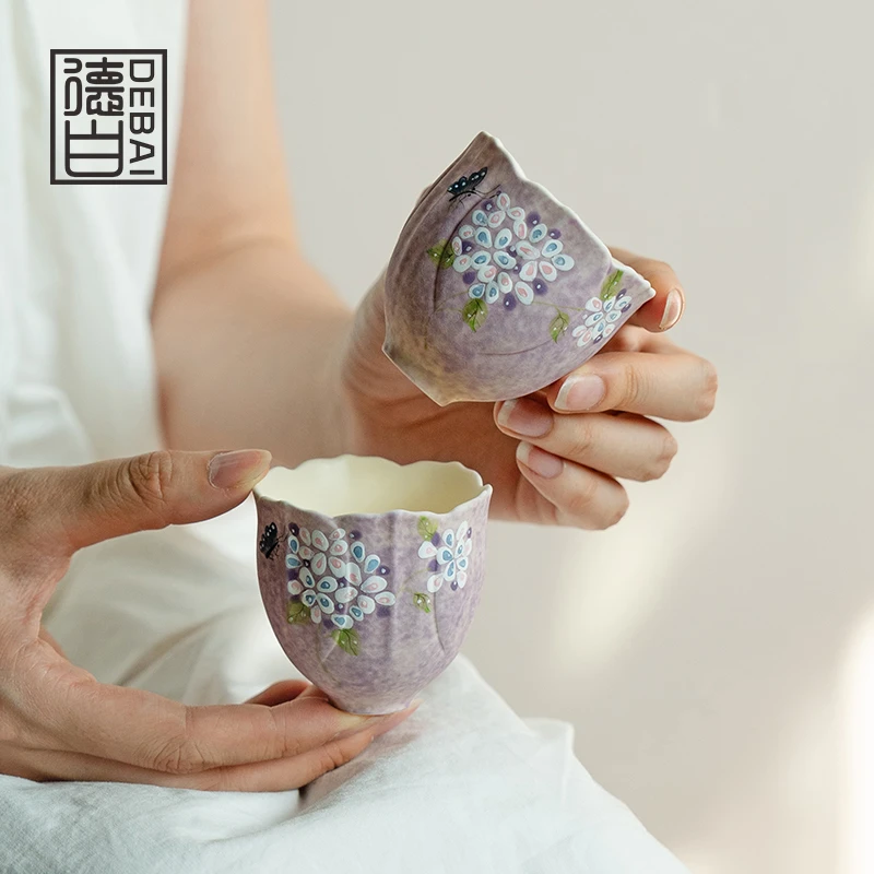 德白茶杯陶瓷手绘繁花蝶舞品茗杯女士专用茶道功夫茶具主人杯单杯