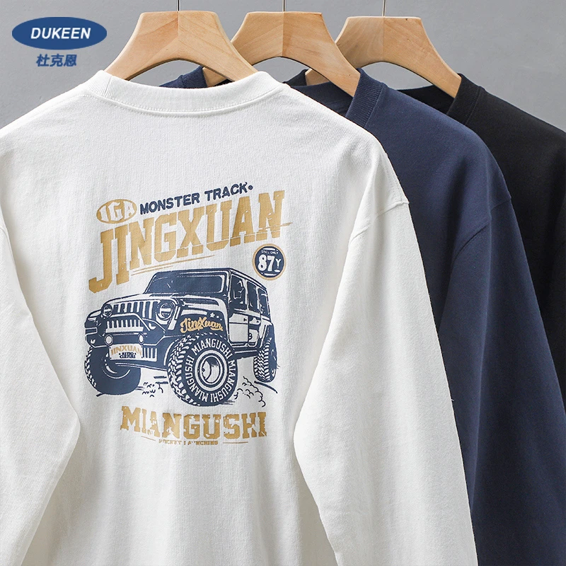 杜克恩美式320g重磅长袖t恤男秋季复古越野车印花卫衣纯棉打底衫