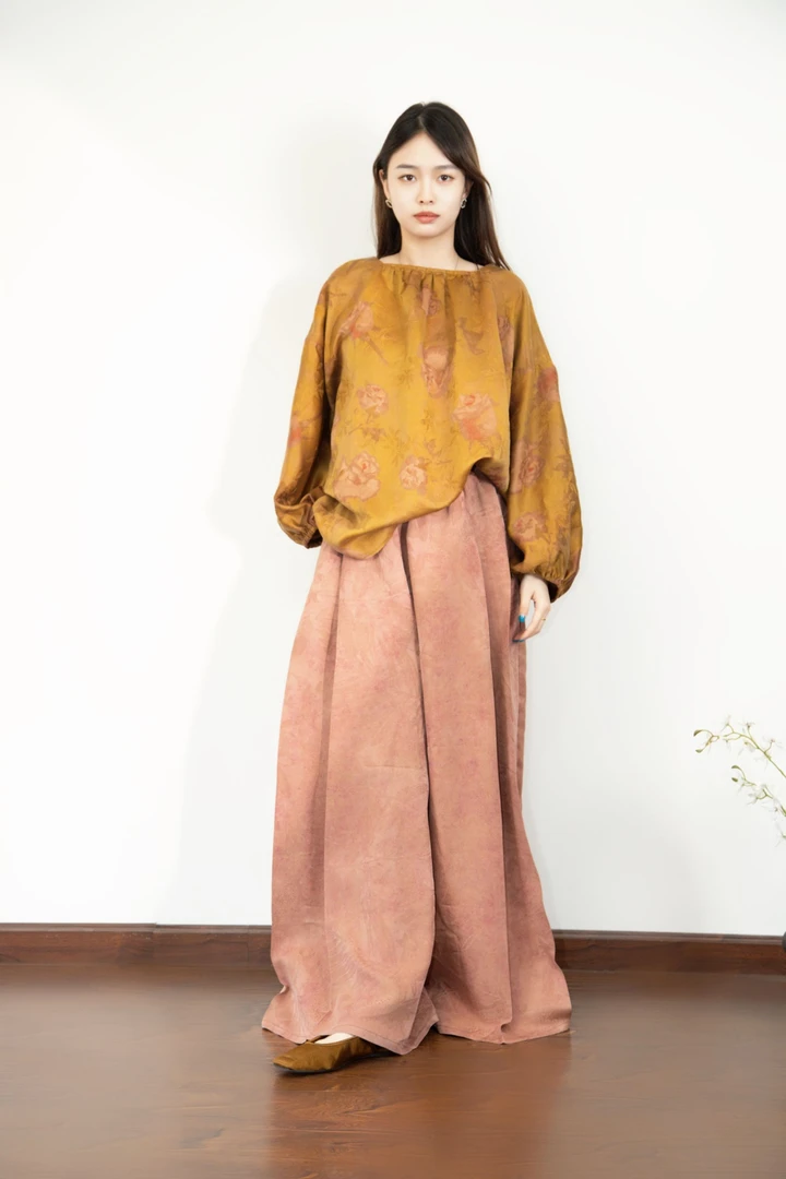 浔象丝绸香云纱桑蚕丝油画长袖上衣