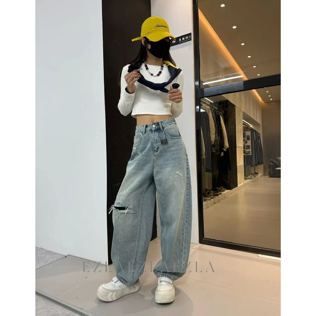 EZ8512 夏季新款设计假破洞百搭堆堆裤无弹水洗软牛仔