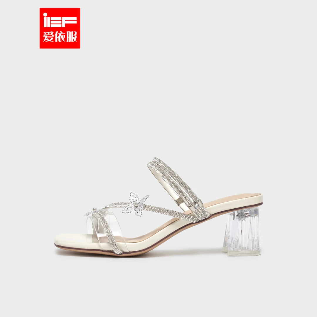 IEF/爱依服拖鞋2025夏季新款法式名媛气质水钻蝴蝶结设计粗跟凉鞋