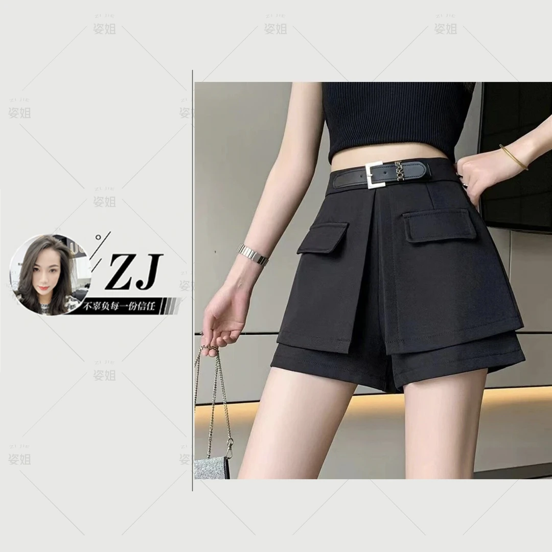 西装短裤女夏季半身裙裤2025新款春夏外穿假两件A字时尚黑色裤裙