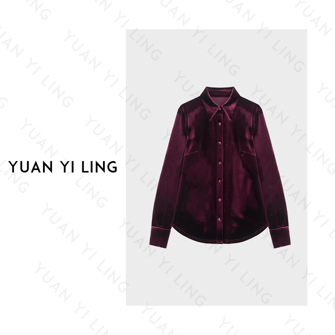 YUAN YI LING【红丝绒】24冬季款时髦丝绒暗红高级感满满女装衬衫
