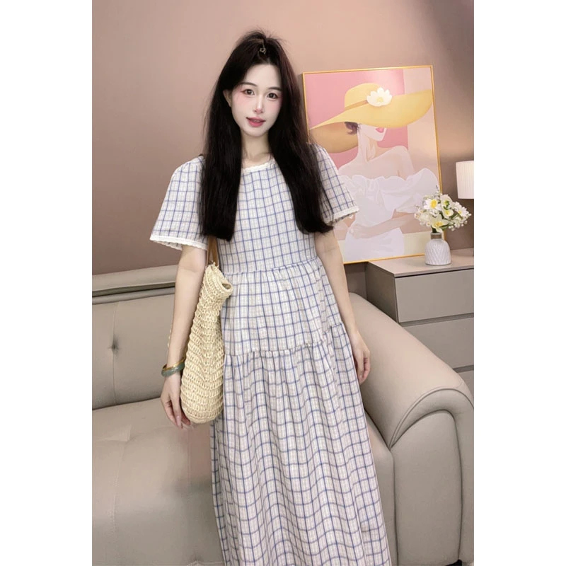 【枫丽】2025夏季新款孕妇法式时尚格子花边拼接气质显瘦短袖连衣裙