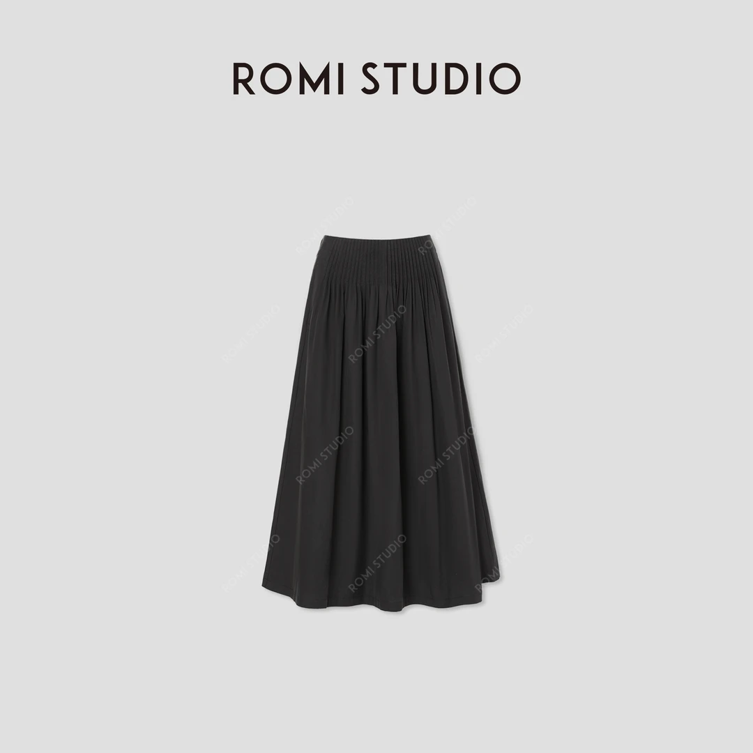 ROMI STUDIO“优雅复古”莱赛尔棉风琴褶后松紧腰A字半裙RWCSXB1732