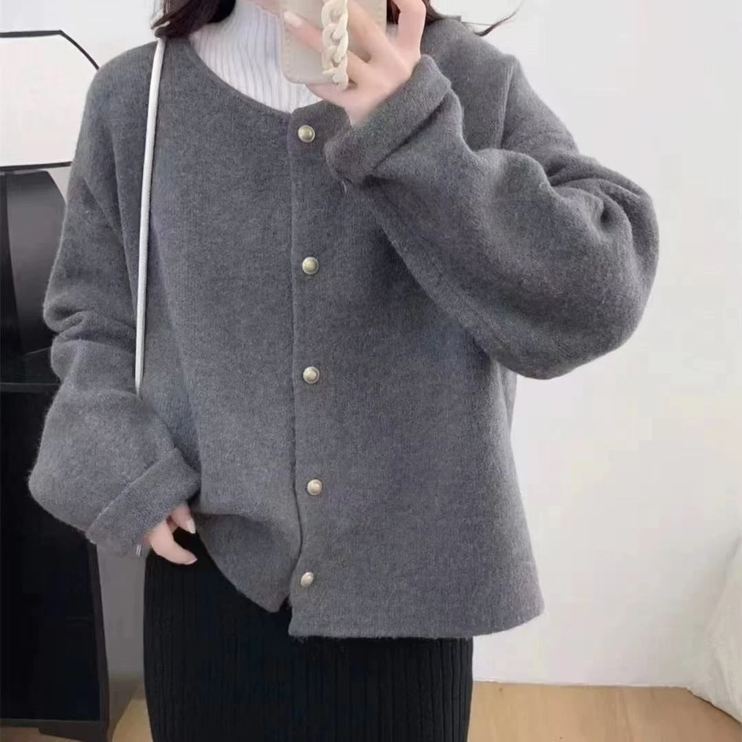 韩版圆领单排扣纯色针织开衫女秋冬季新款宽松慵懒风软糯毛衣外套