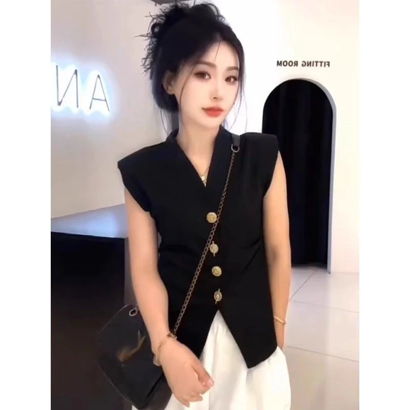 欧货V领小飞袖开叉衬衫女2025新款爆款夏季小衫洋气独特别致上衣