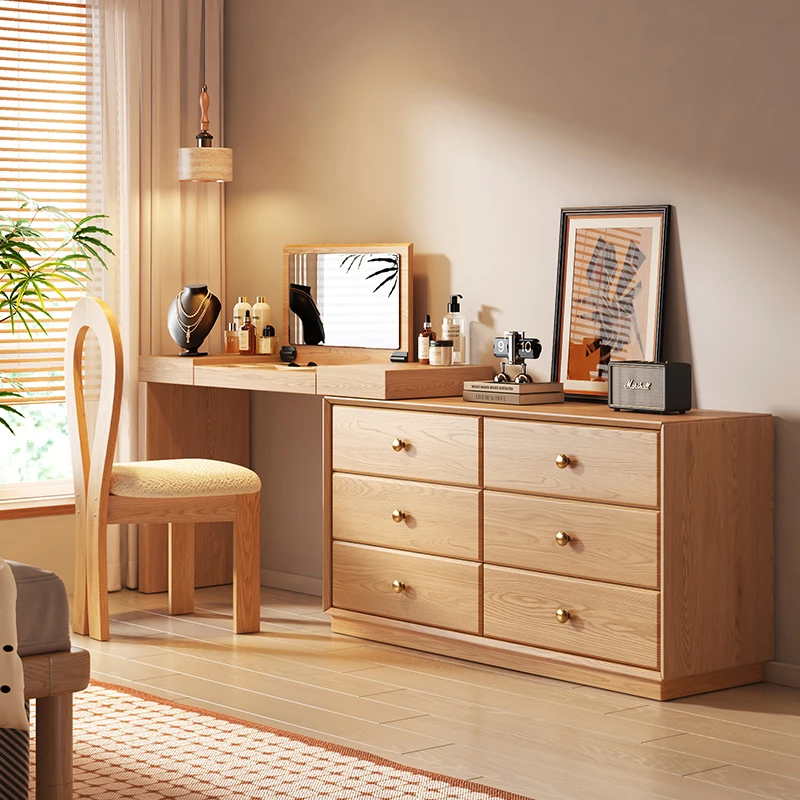 全实木梳妆台斗柜一体卧室现代简约化妆桌床尾收纳柜原木转角书桌