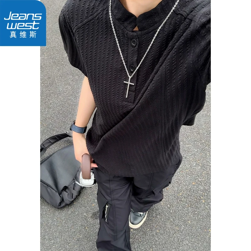 真维斯凉感t恤男夏季薄款亨利领肌理感短袖宽松透气正肩半截袖