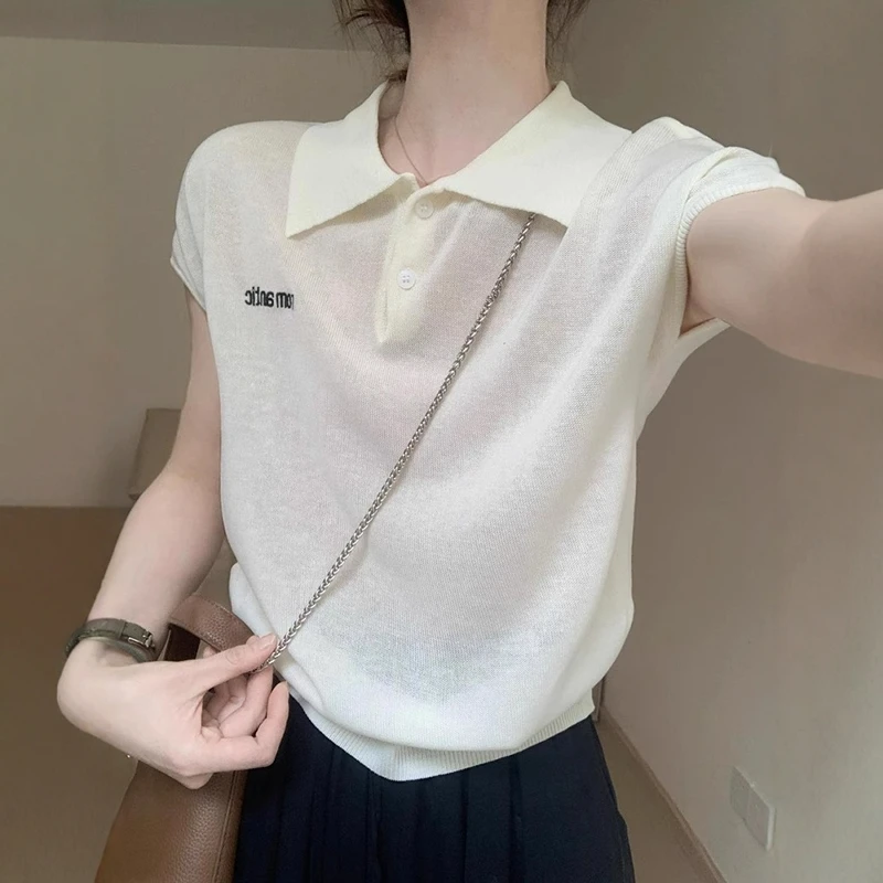 白色冰丝针织polo衫女正肩短袖t恤夏季韩系小个子短款翻领上衣薄