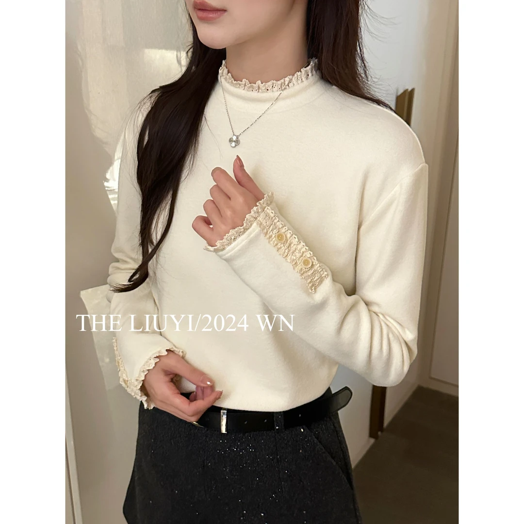 【LIUYI】内在美~冬季双面绒蕾丝拼接打底上衣412146