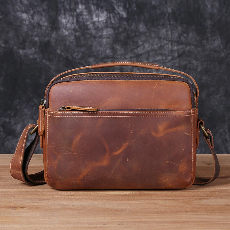 男士休闲真皮单肩包头层牛皮斜挎包做旧复古手提包腰包青年机车包