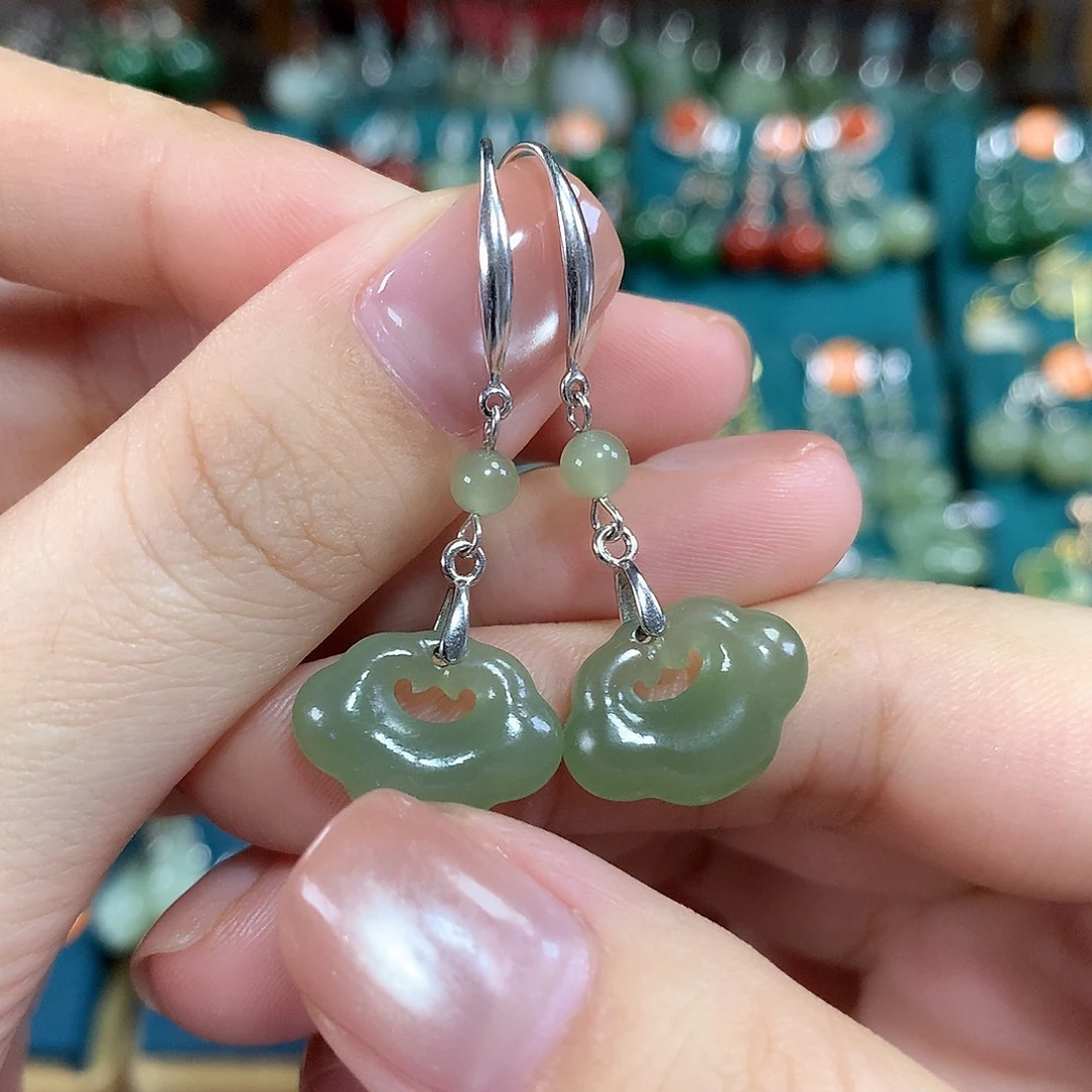 和田玉银S925镶嵌耳饰如意卡16mm左右