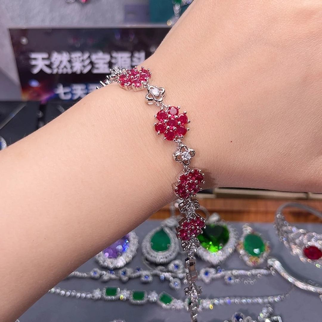银S925镶嵌颈饰红宝石前面手链