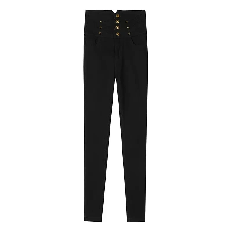 8152四排扣高腰魔术打底裤秋季女外穿紧身小黑裤弹力小脚铅笔裤