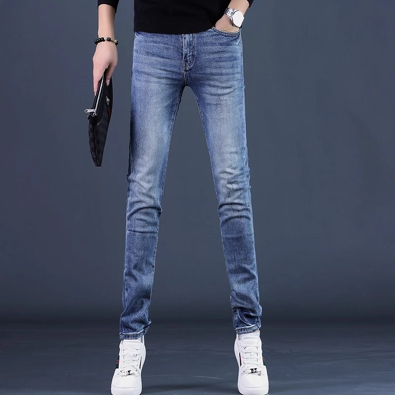 One What秋季新款高档浅蓝色牛仔裤潮牌修身小脚潮流弹力男士长裤