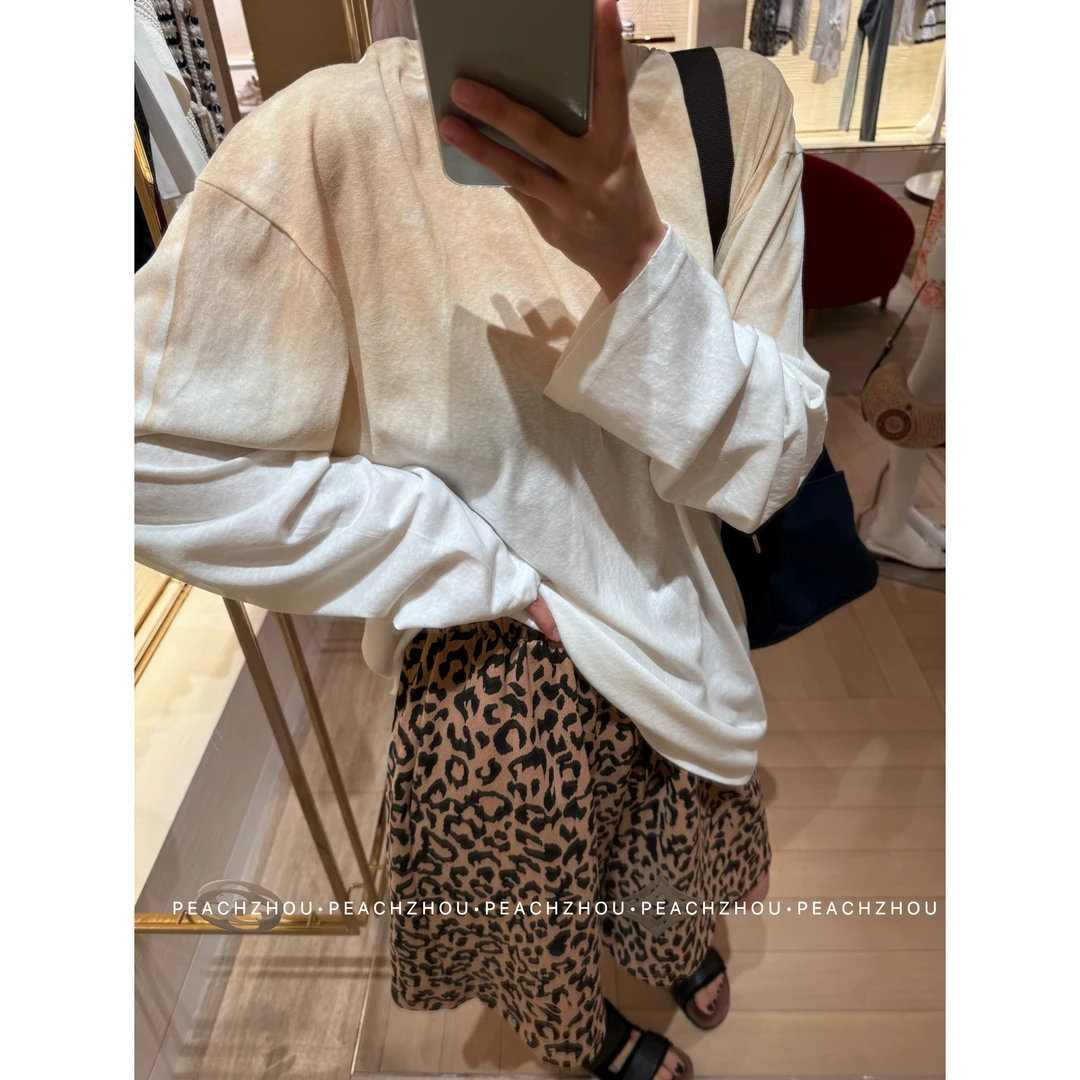 『PEACHZHOU』豹纹印花毛圈松紧腰宽松直筒短裤休闲洋气五分裤