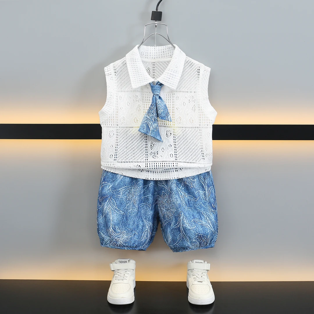 男童夏季痞帅镂空无袖POLO衫套装2025新款儿童夏装防蚊裤宝宝童装