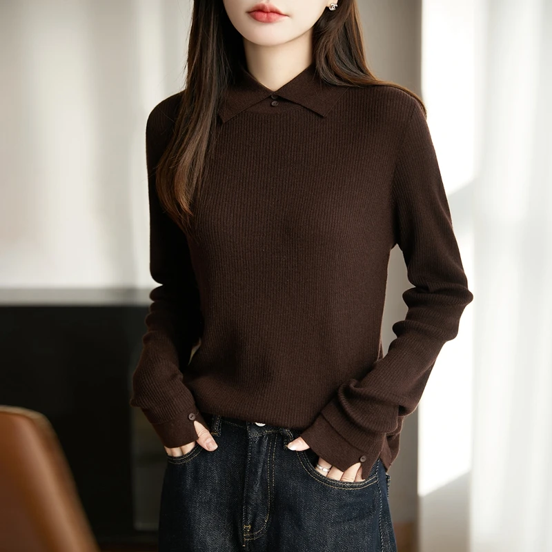 正品2025冬季新款纯色坑条翻领纽扣长袖针织衫洋气时尚气质设计感