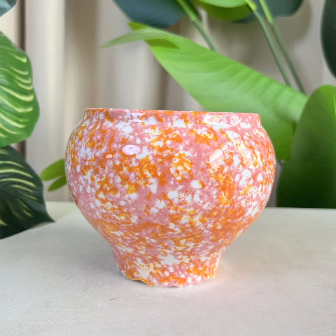 C122口12.5高12.5手工刷彩粉橙鱼尾蝴蝶兰花盆适合室内外绿植摆放