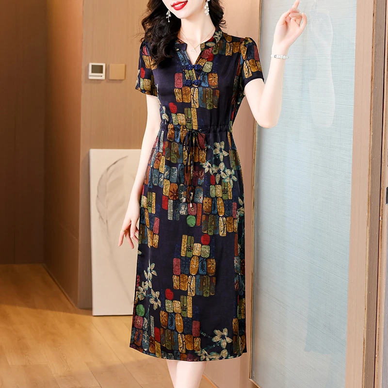 女士真丝连衣裙女夏季新款国风小个子妈妈100%桑蚕丝裙子