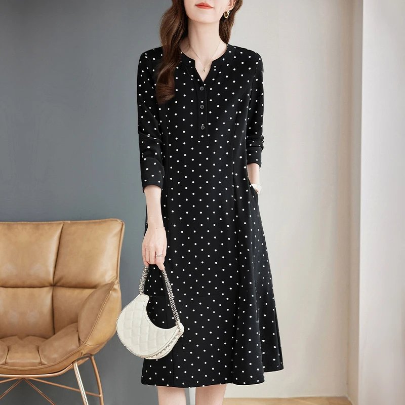 芳妮诗波点长袖连衣裙女2025秋装新款V领气质女装宽松遮肚子裙子