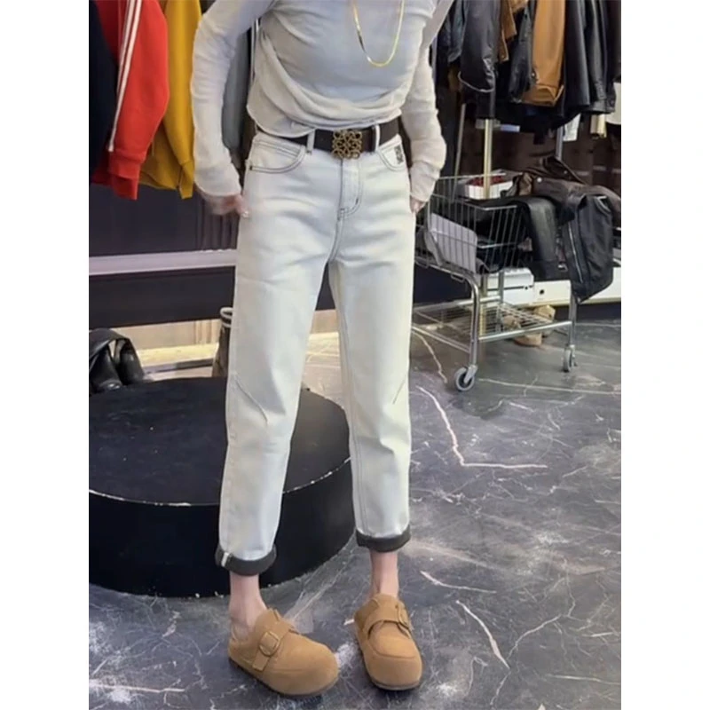 梦茹萱加绒直筒显瘦烟管裤女2025秋冬新款大码小个子高腰牛仔裤