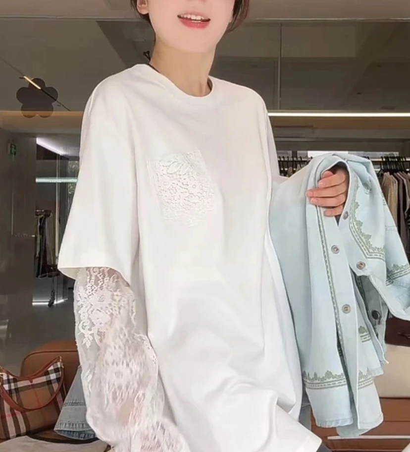 2025春夏时尚极简韩版春款蕾丝假两件T恤