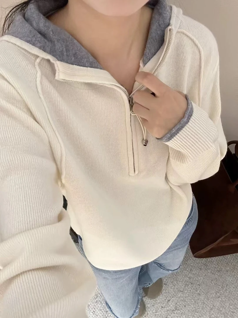 72069#拼色连帽羊毛针织上衣2024新款韩系百搭时尚显瘦毛衣女
