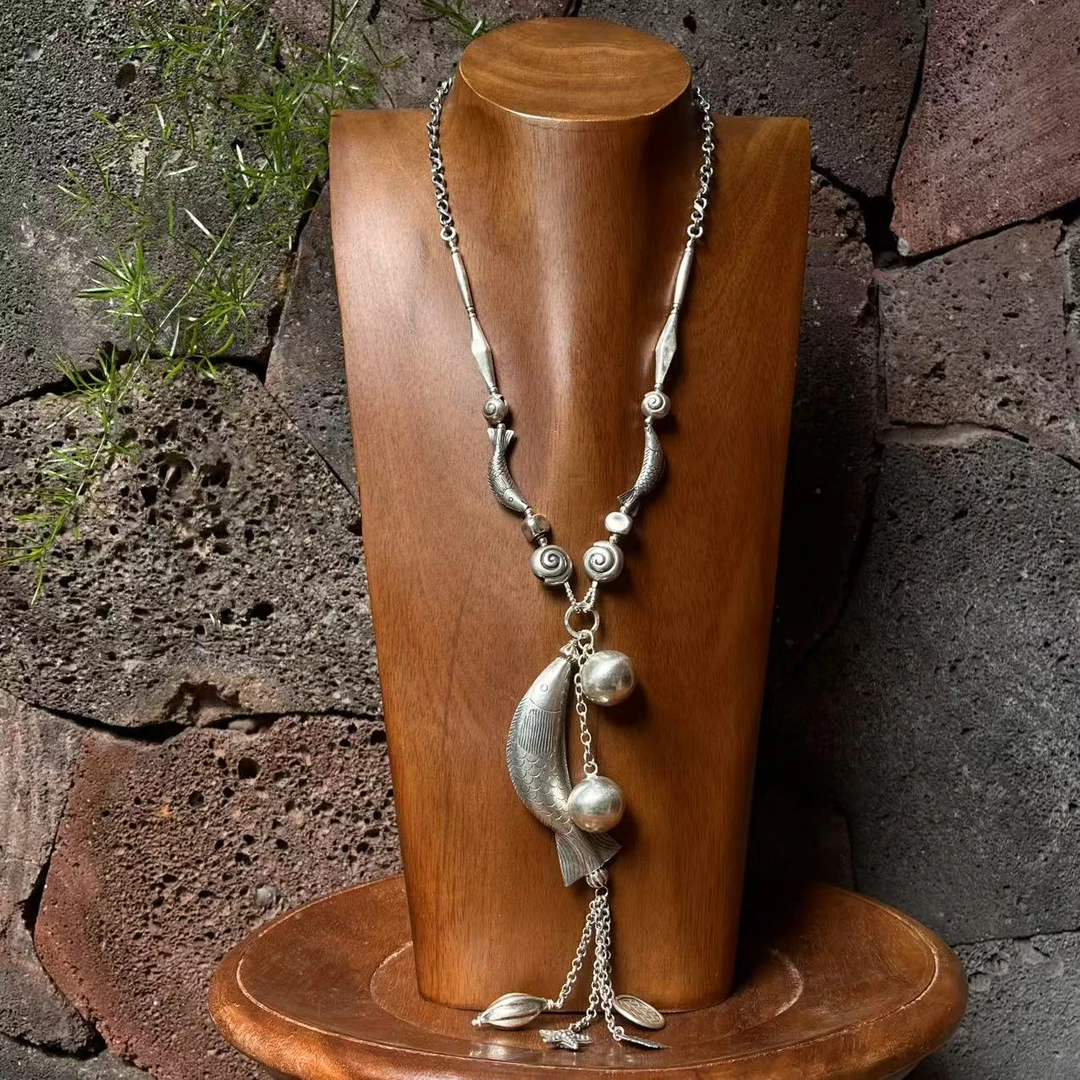 坠链均925银 【泰云匠】泰国手工925银109.3克弯管鱼银球长项链