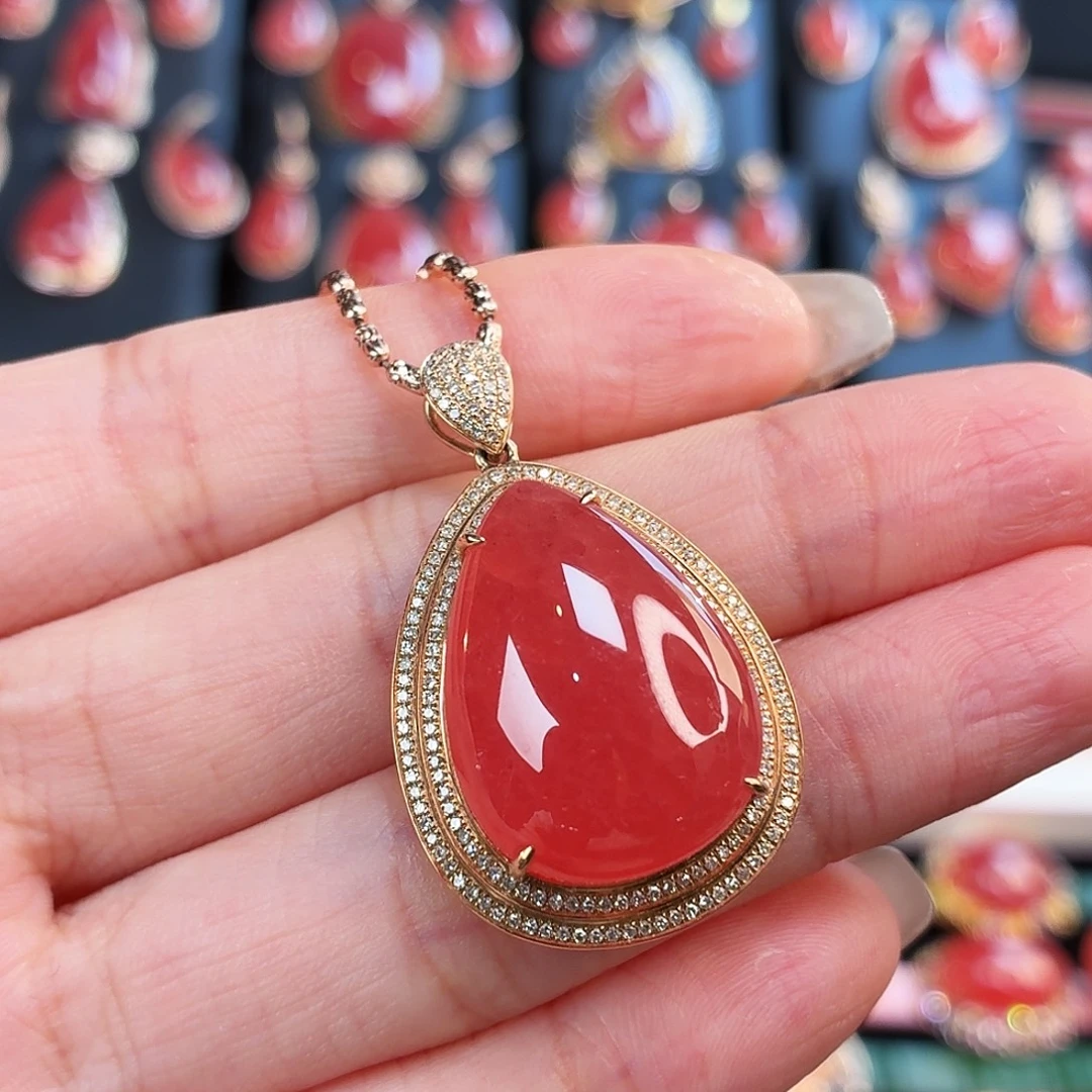 菱锰矿（红纹石）18K金镶嵌吊坠(不含链)